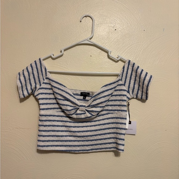 Striped Blue and White Off-Shoulder Blouse - Picture 1 of 8